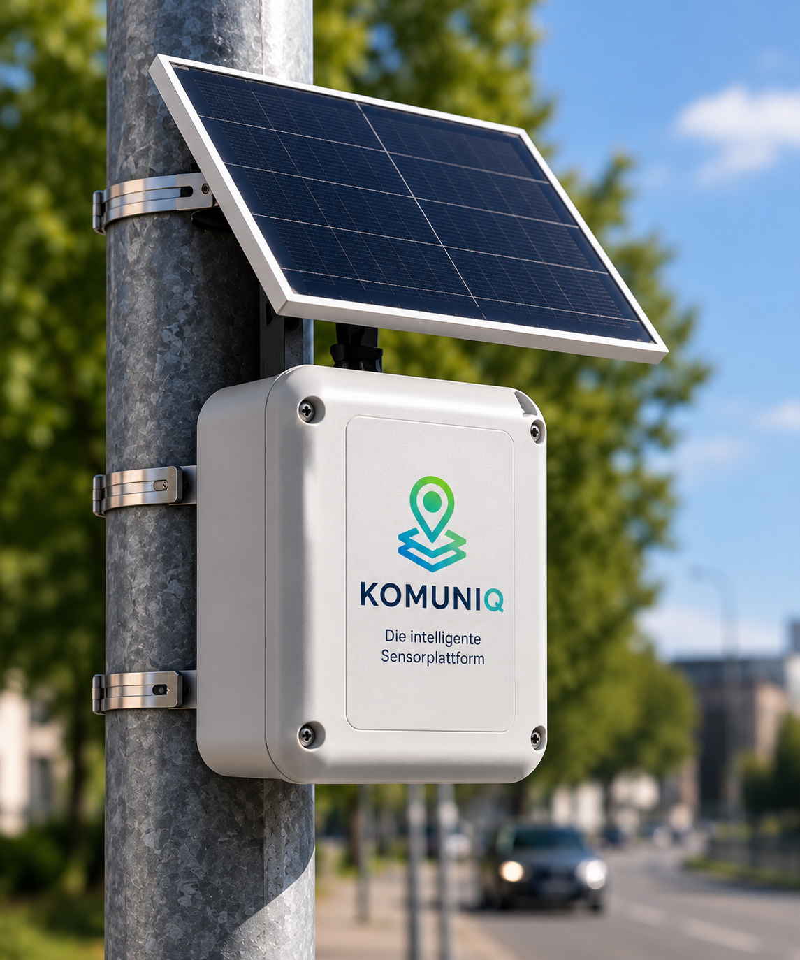 Solarbetriebener KOMUNIQ-Sensorkasten an einem Straßenmast